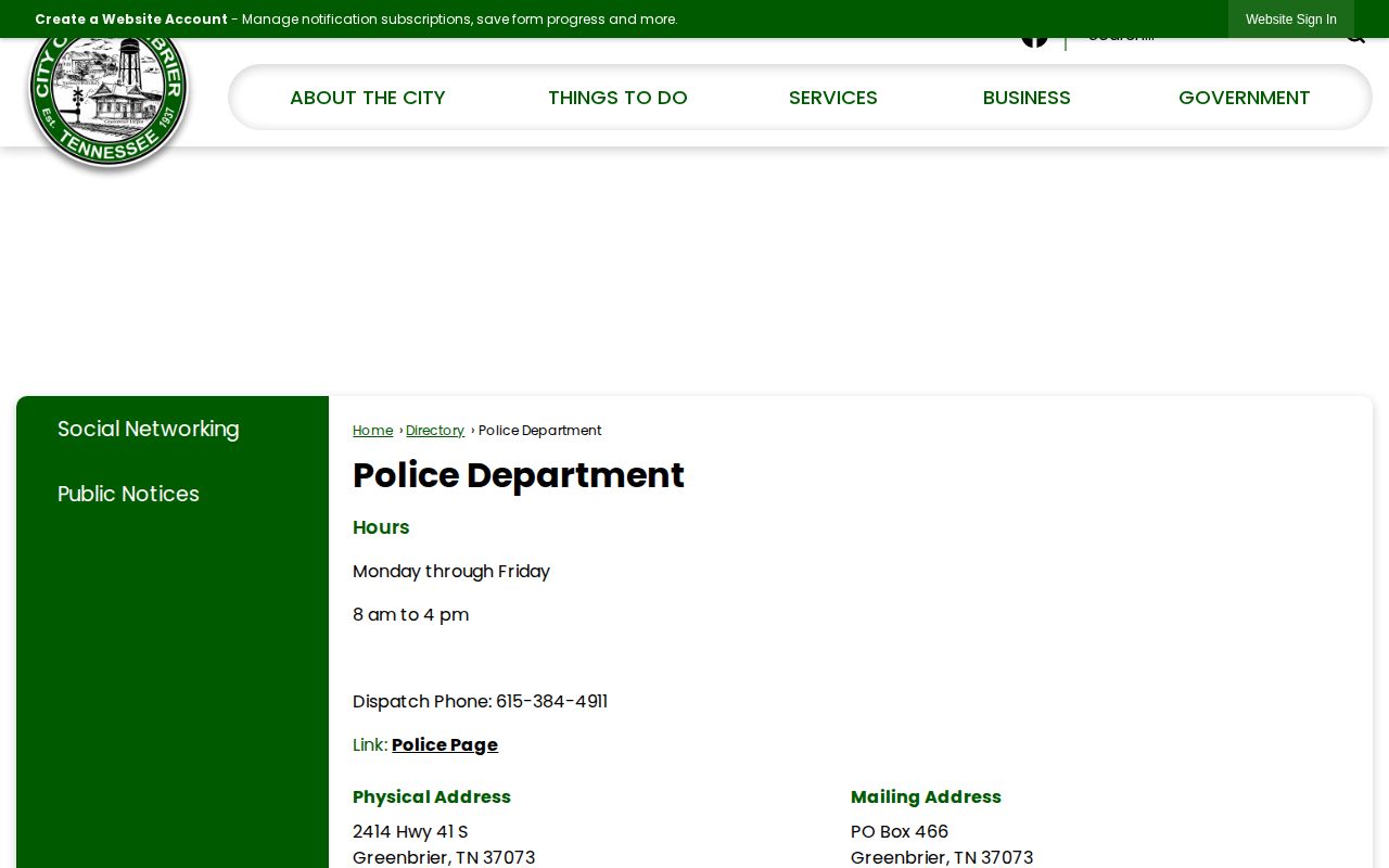 Robertson County Greenbrier Police Department directory for arrest-record contact