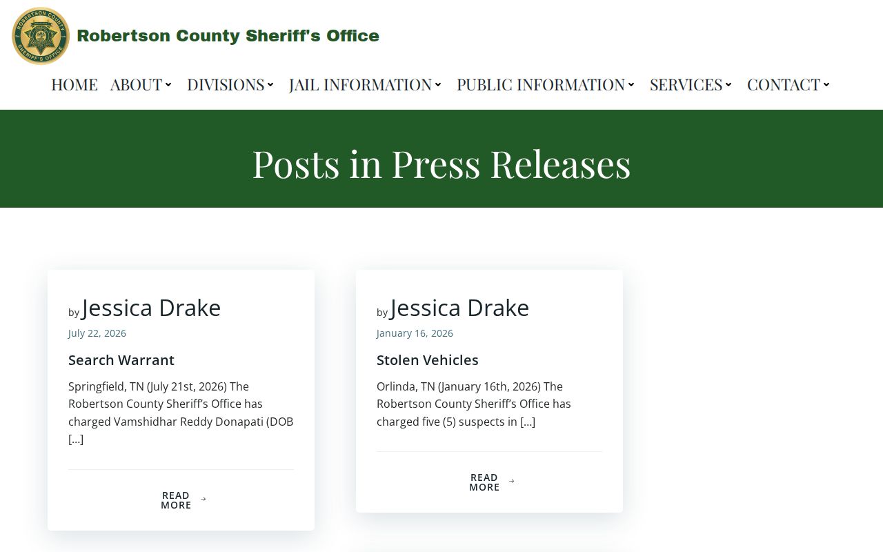 Robertson County official press release source for crime news and booking references