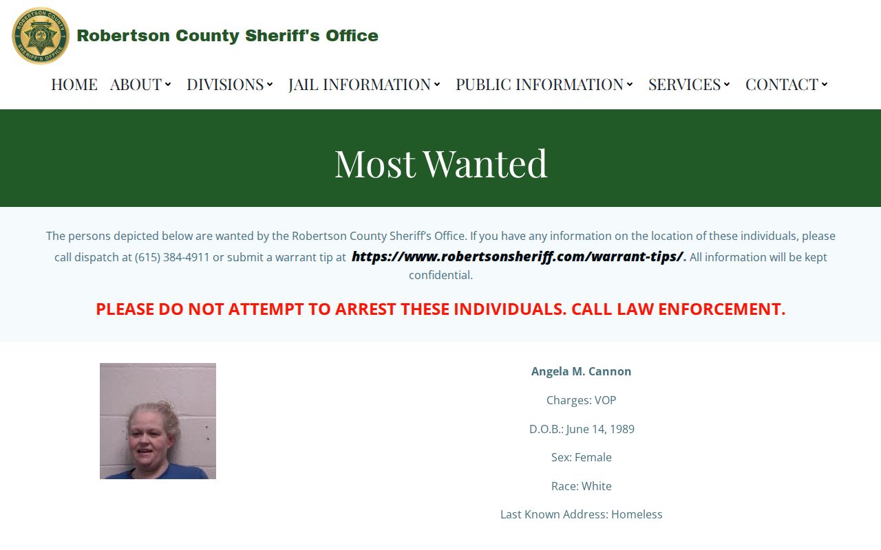 Robertson County sheriff most wanted official warrant resource
